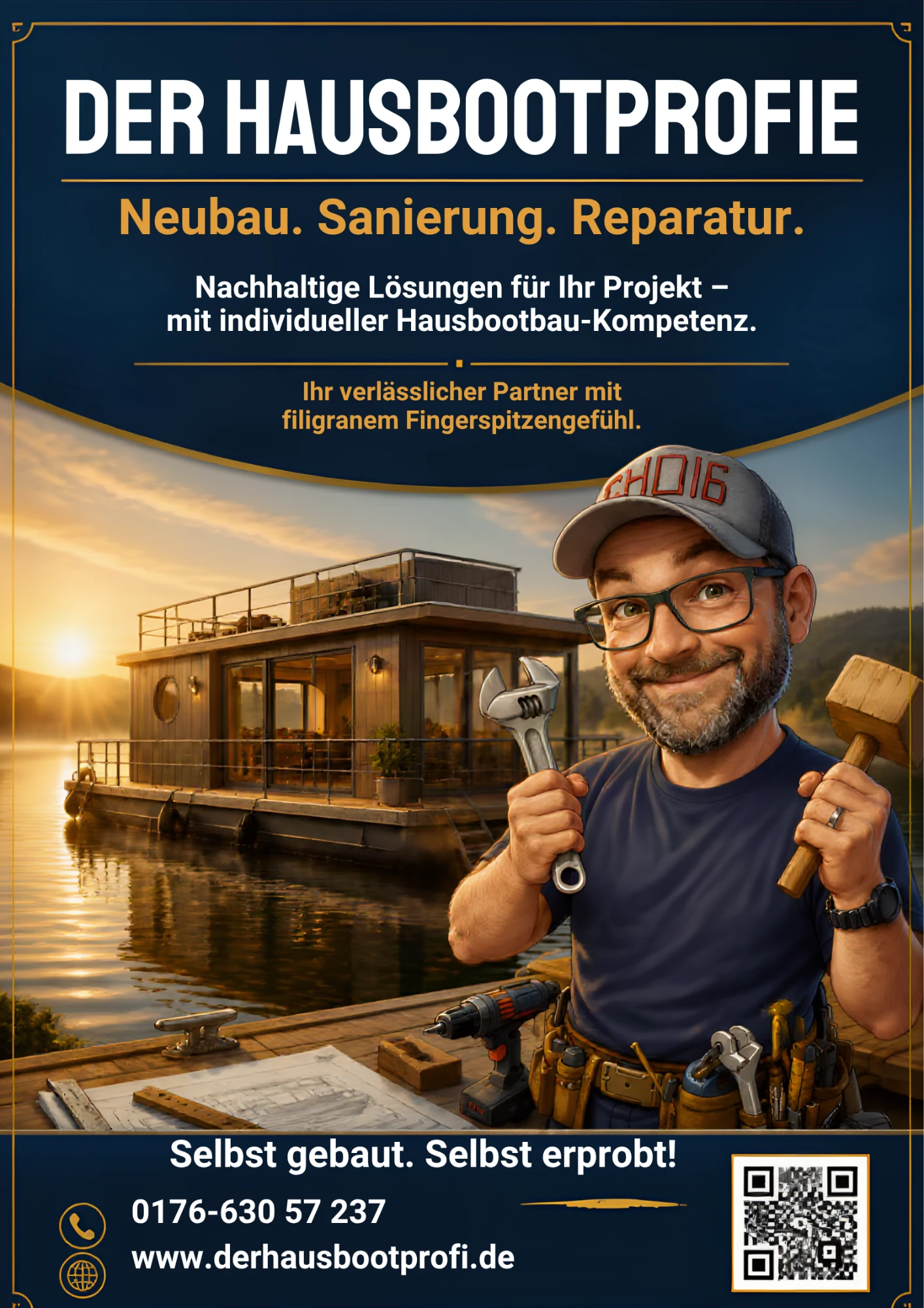 Hausboot im Abendlicht am Steg, im Vordergrund Jens Borzym mit Werkzeug